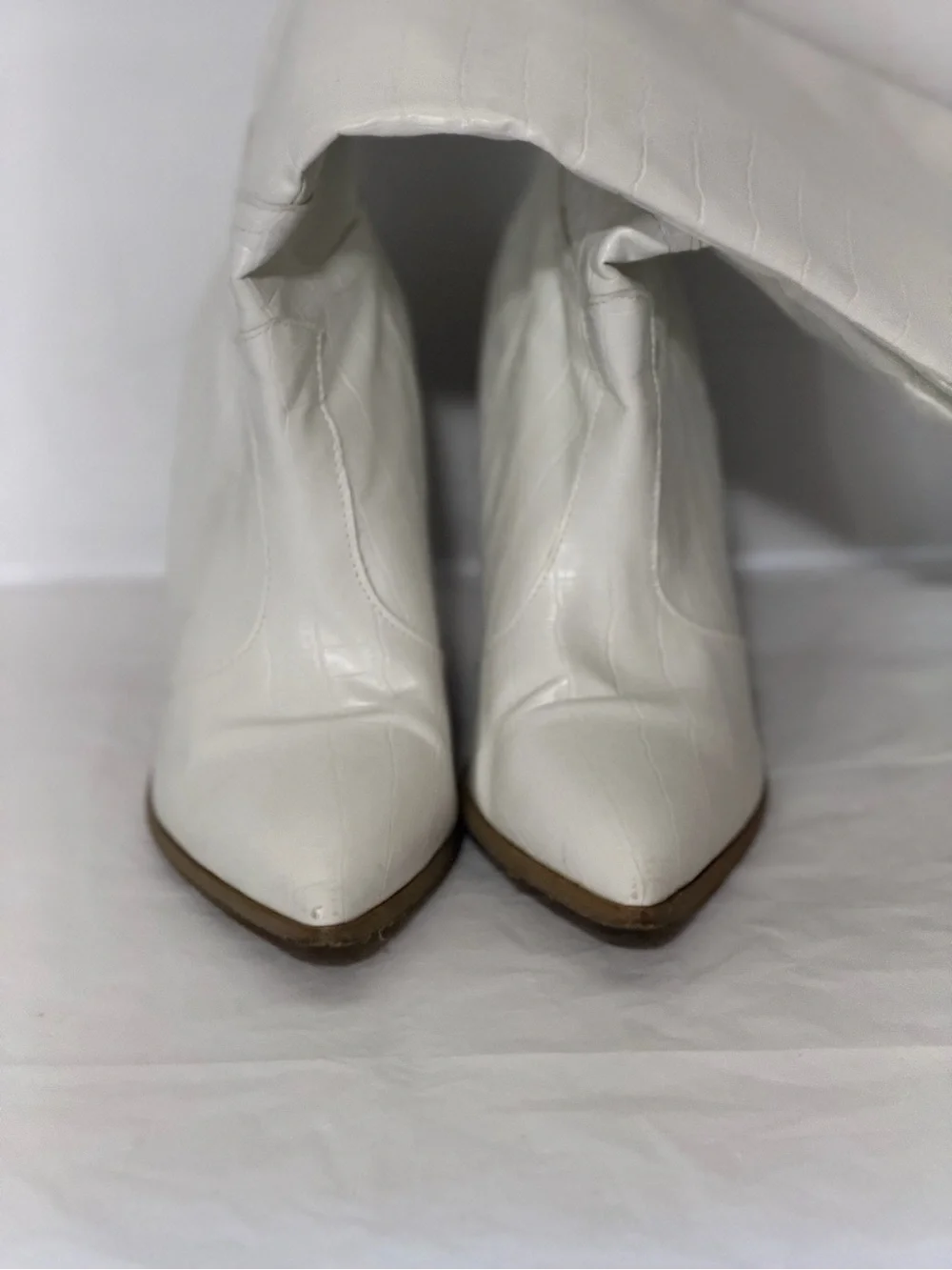 White Croc-Embossed Knee-High Western Boot with Stacked Heel